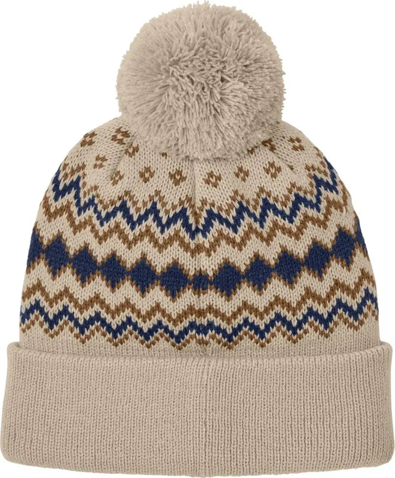 Port Authority C991 Alpine Pom Beanie - Sahara True Navy Duck Brown - Sahara/ Navy/ / Adult Osfa