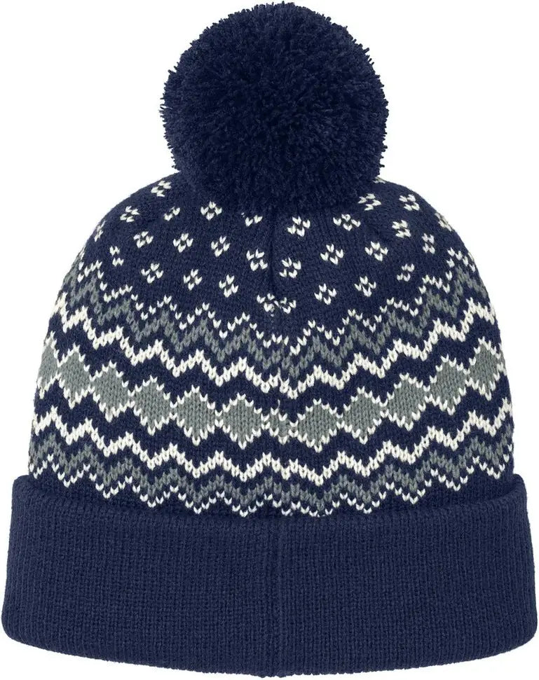 Port Authority C991 Alpine Pom Beanie - True Navy Gusty Gray Marshmallow - Navy/ Gray/ / Adult Osfa