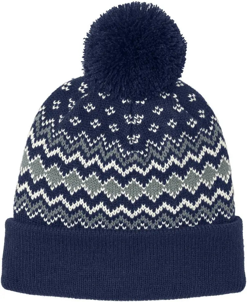 Port Authority C991 Alpine Pom Beanie - True Navy Gusty Gray Marshmallow - Navy/ Gray/ / Adult Osfa