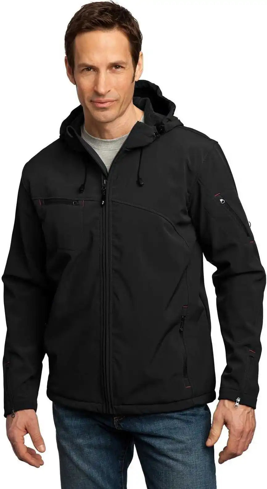 Port Authority J706 Textured Hooded Soft Shell Jacket - Black Engine Red