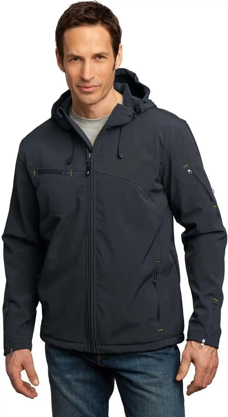 Port Authority J706 Textured Hooded Soft Shell Jacket Charcoal Lemon Yellow