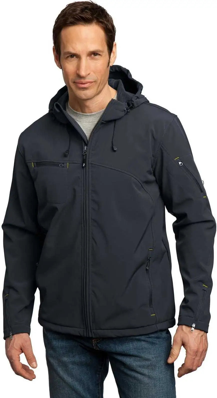 Port Authority J706 Textured Hooded Soft Shell Jacket - Charcoal Lemon Yellow