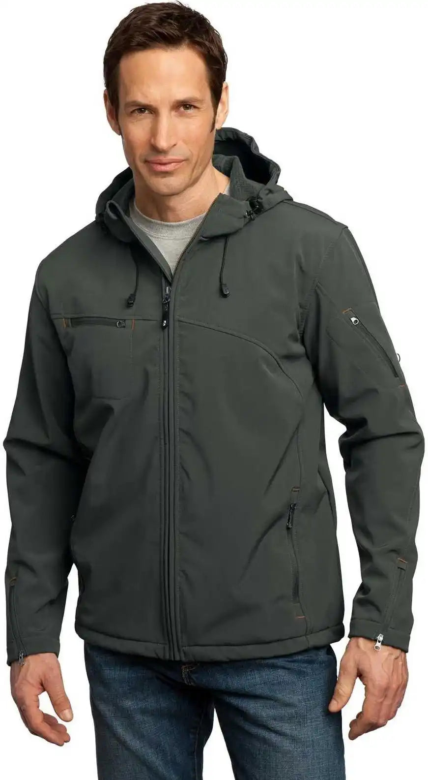 Port Authority J706 Textured Hooded Soft Shell Jacket - Mineral Green Orange