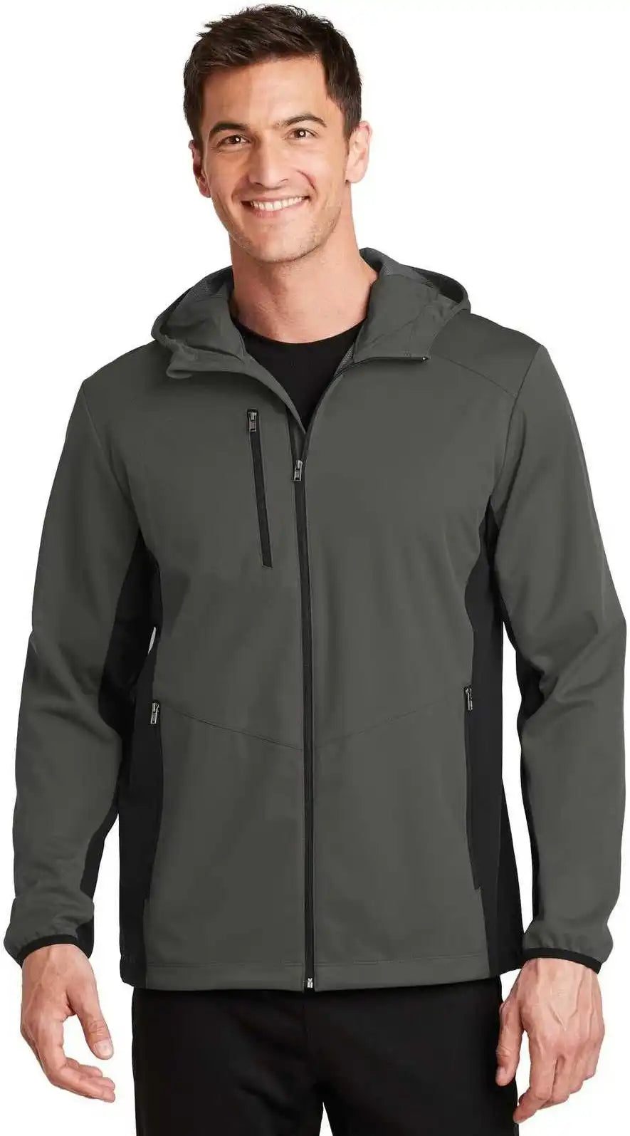 Port Authority J719 Active Hooded Soft Shell Jacket Gray Steel Deep Black