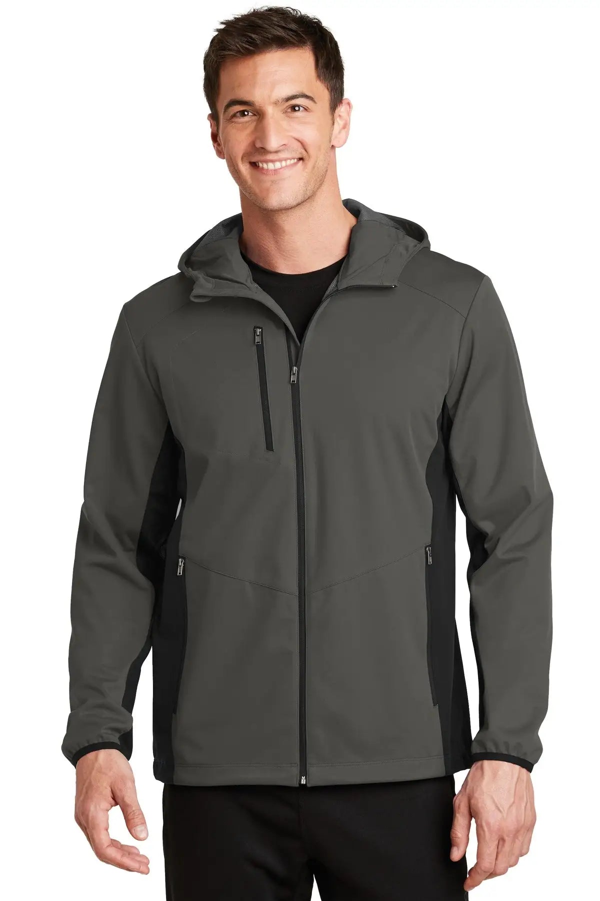 Port Authority J719 Active Hooded Soft Shell Jacket - Gray Steel Deep Black - Steel/ / Adult Xs