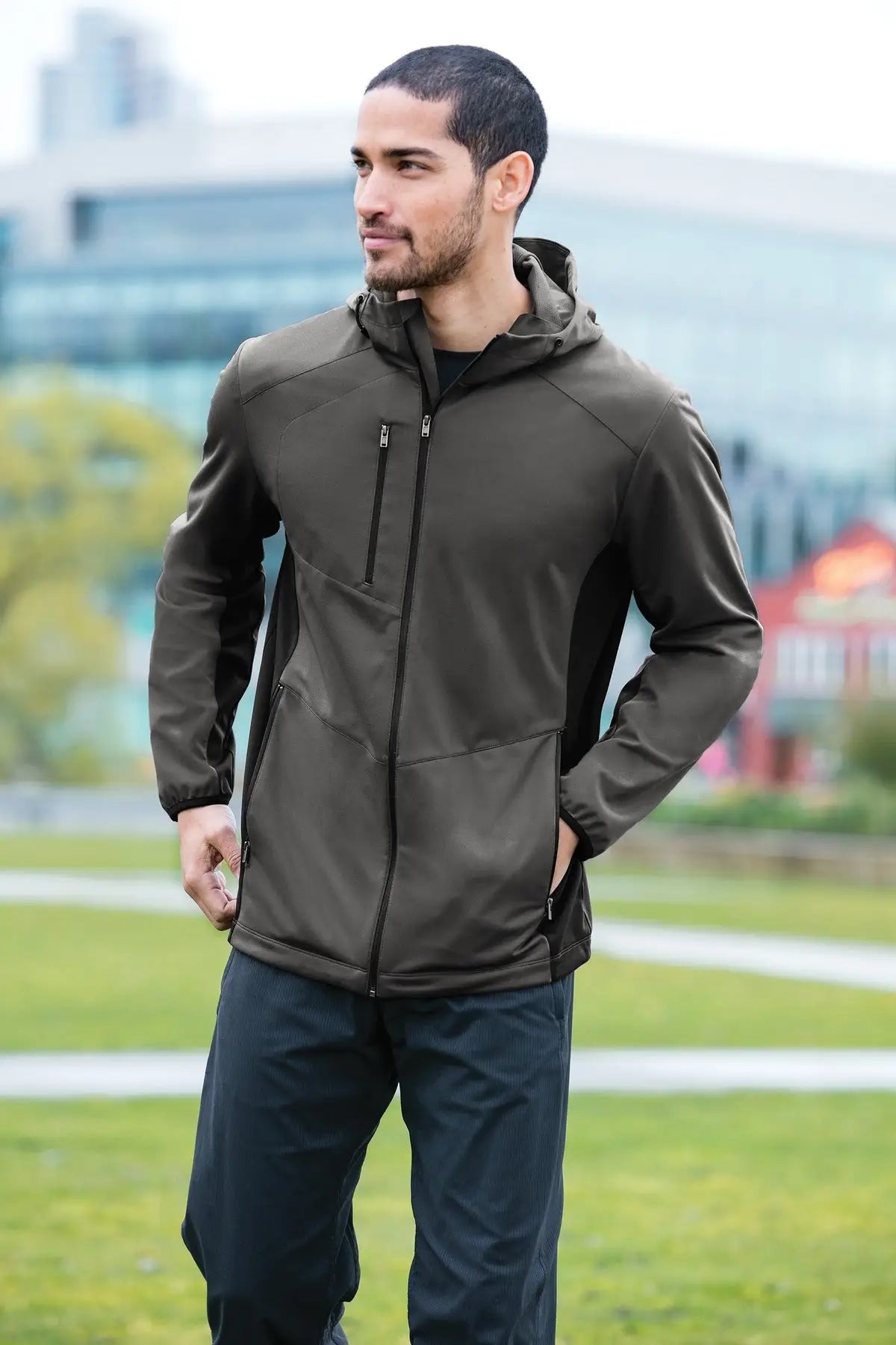 Port Authority J719 Active Hooded Soft Shell Jacket - Gray Steel Deep Black