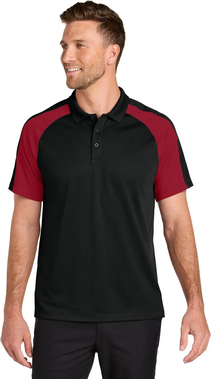 Port Authority K247 Wearever Performance Pique Colorblock Polo - Deep Black Rich Red - Black/ / Adult Xs