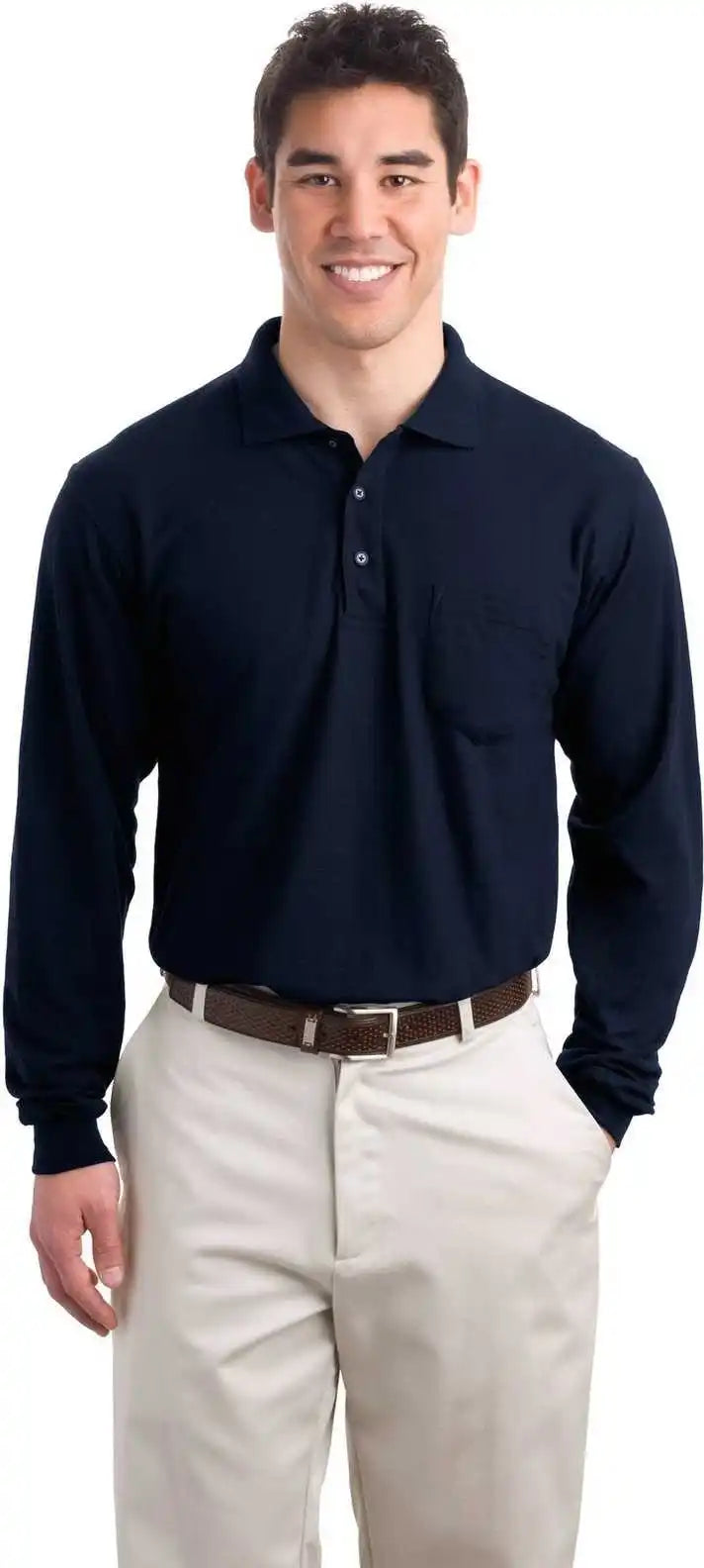 Port Authority K500lsp Long Sleeve Silk Touch Polo with Pocket Navy