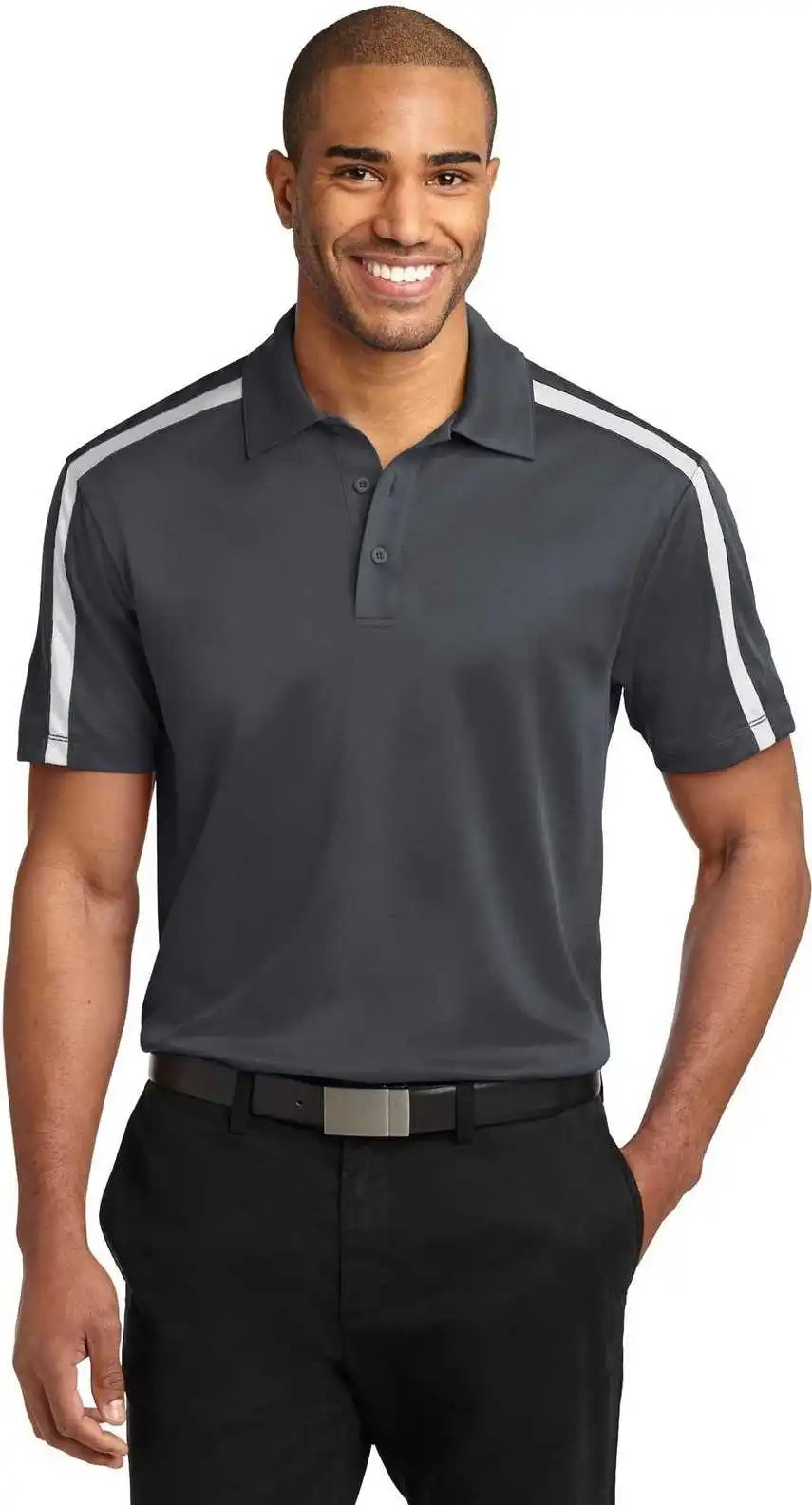Port Authority K547 Silk Touch Performance Colorblock Stripe Polo Steel Gray White