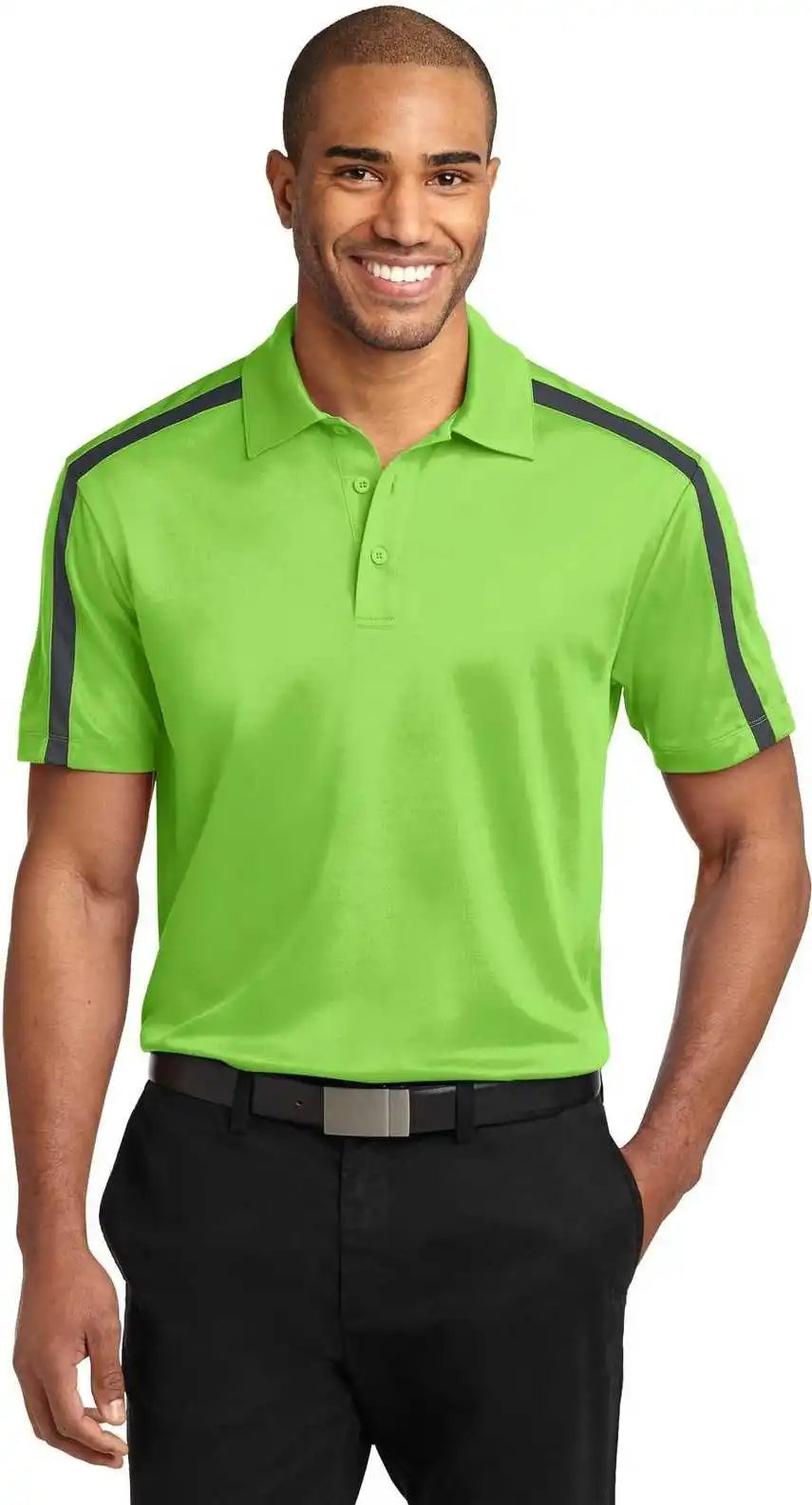 Port Authority K547 Silk Touch Performance Colorblock Stripe Polo Lime Steel Gray