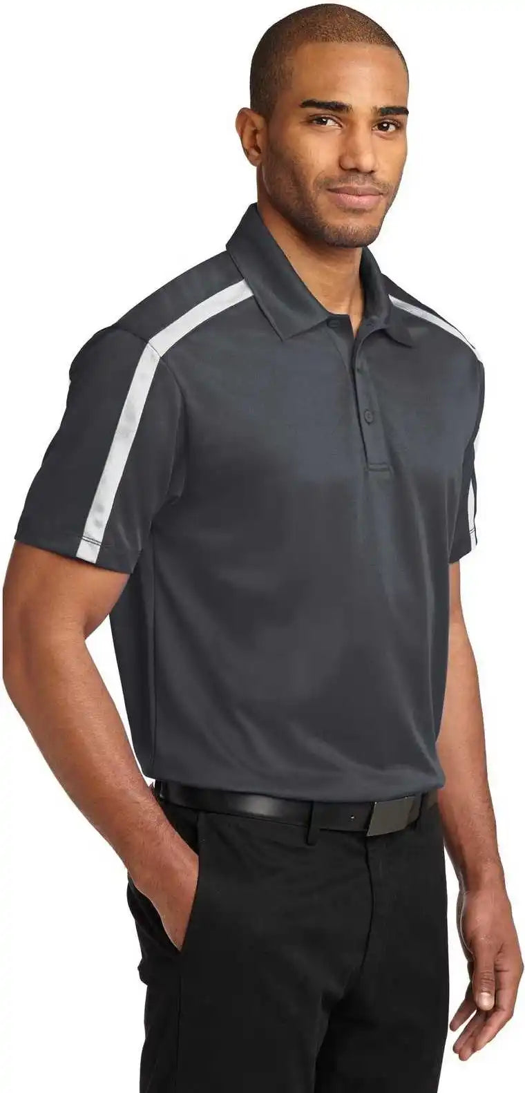 Port Authority K547 Silk Touch Performance Colorblock Stripe Polo Steel Gray White