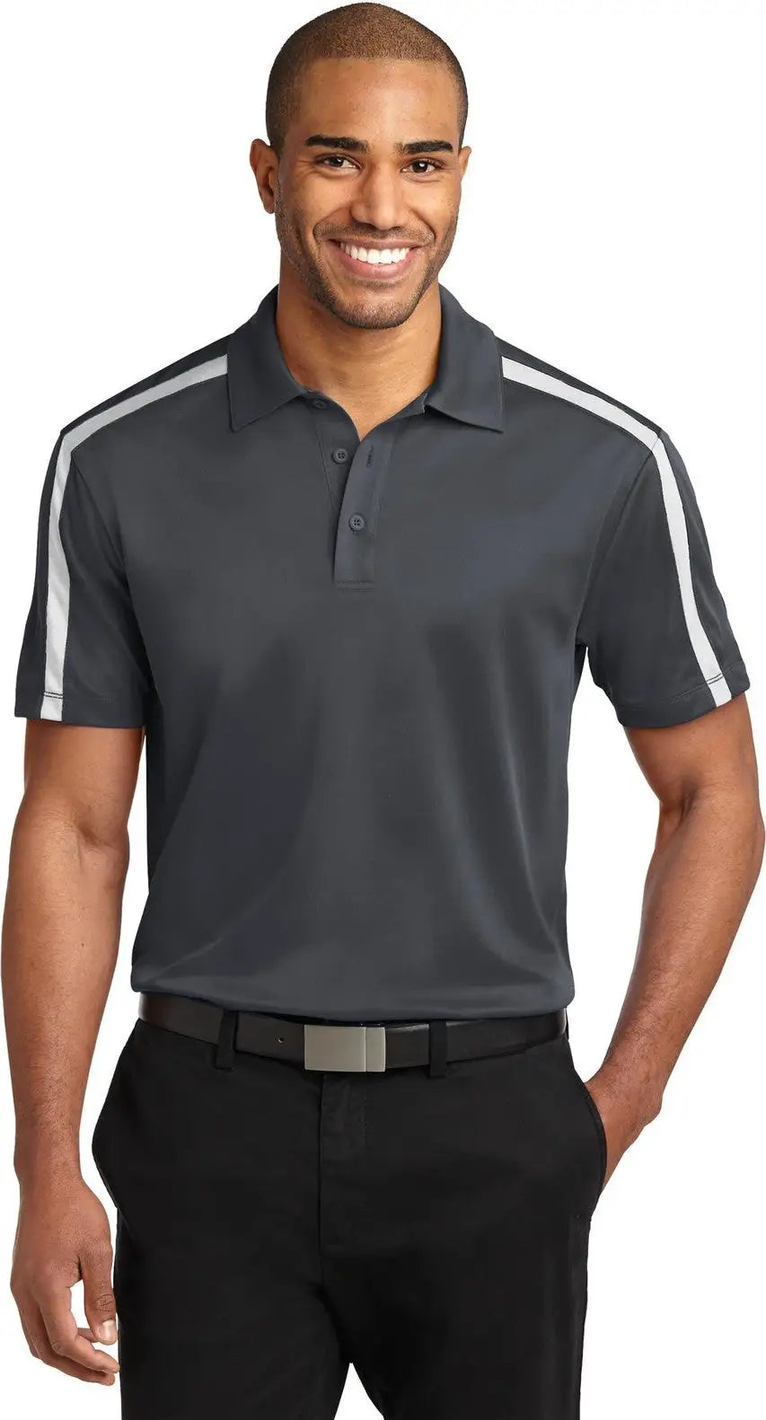 Port Authority K547 Silk Touch Performance Colorblock Stripe Polo - Steel Gray White - Gray/ / Adult Xs