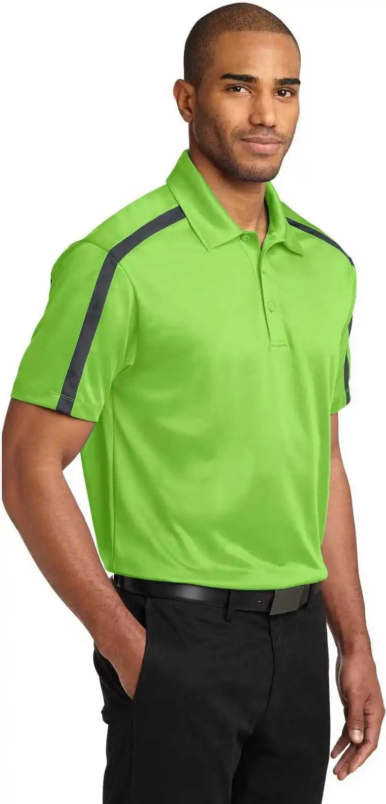 Port Authority K547 Silk Touch Performance Colorblock Stripe Polo Lime Steel Gray