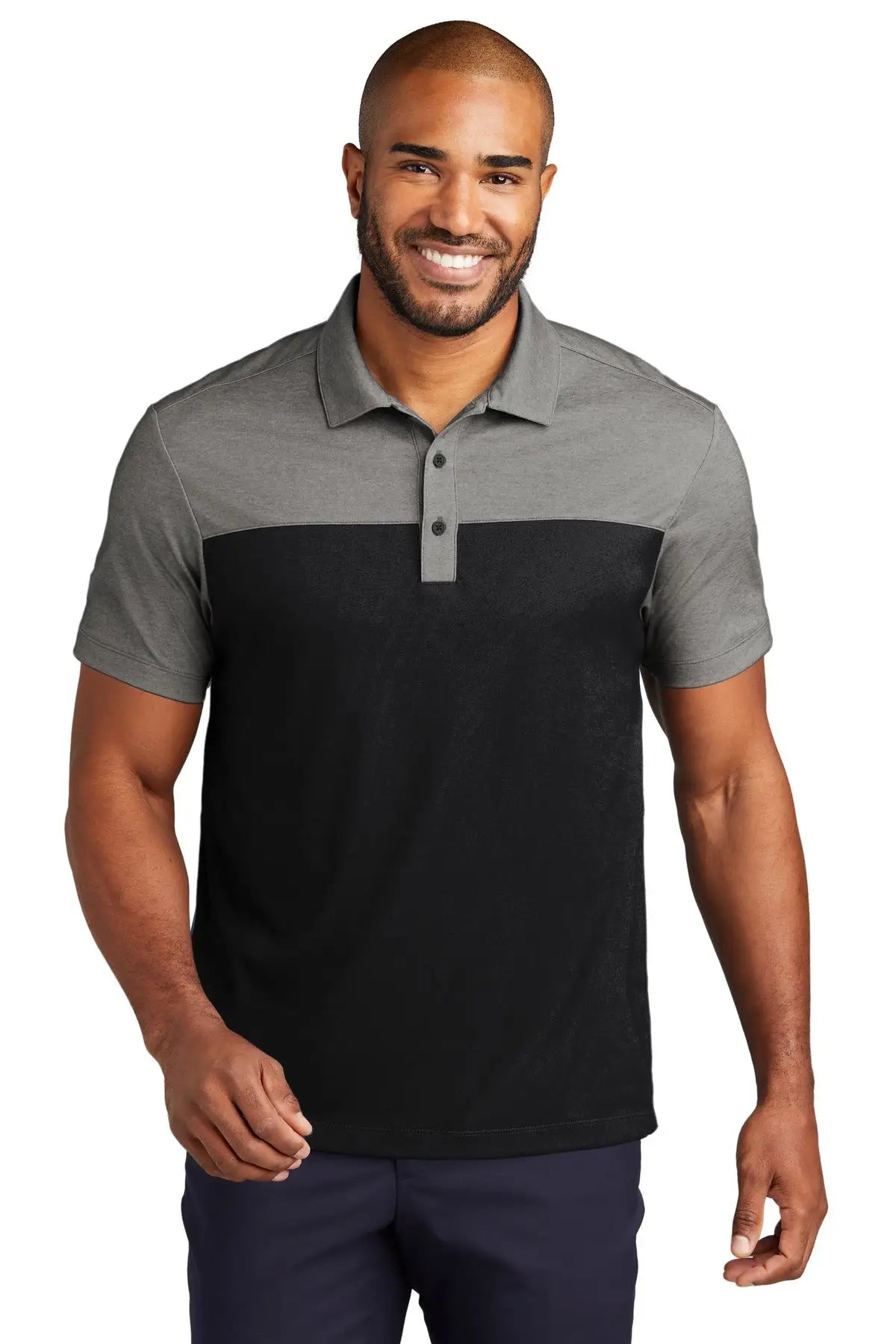 Port Authority K831 Fine Pique Blend Blocked Polo - Deep Black Charcoal Heather - Black/ / Adult Xs