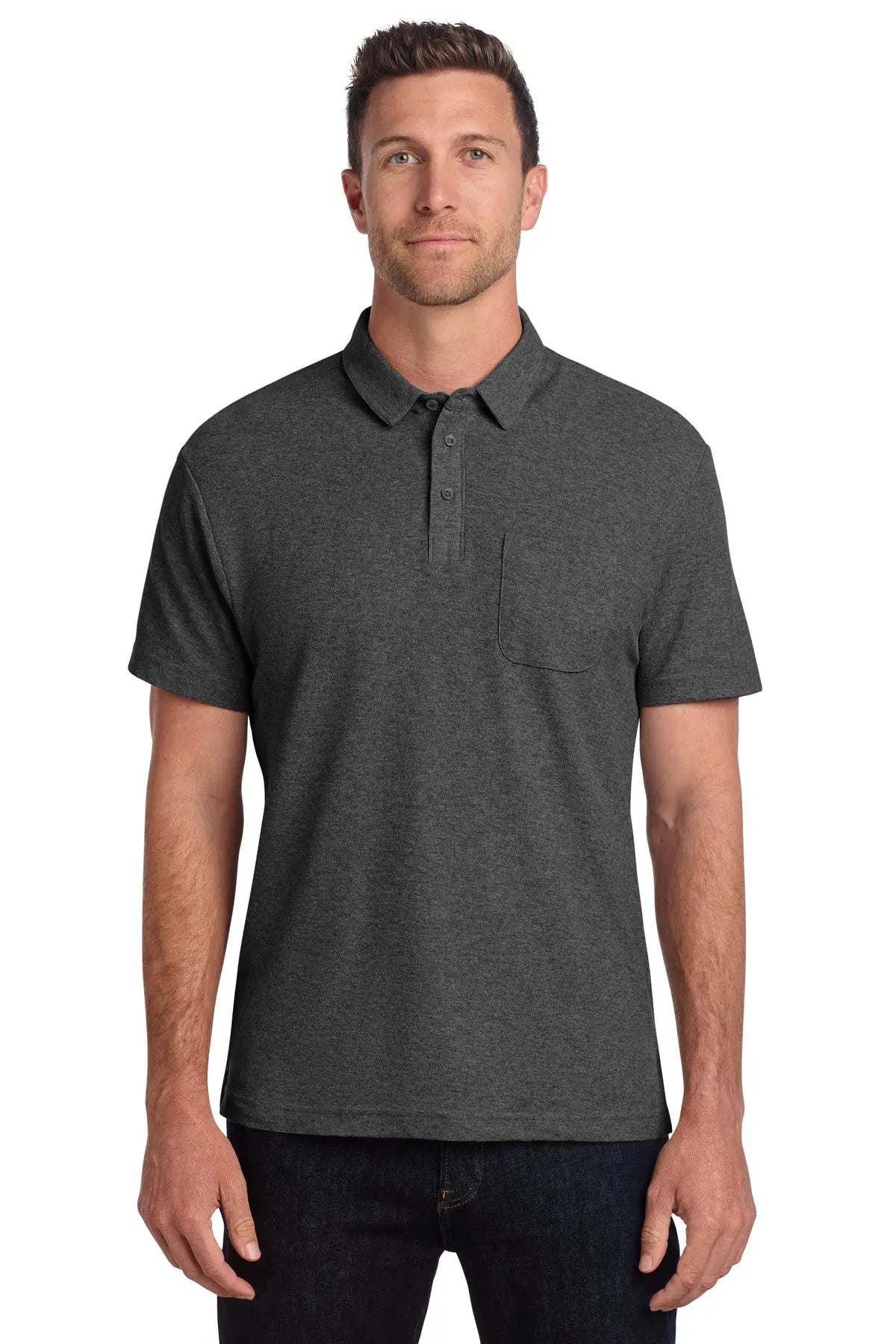 Port Authority K868 C-free Cotton Blend Pique Pocket Polo - Charcoal Heather - Adult Xs