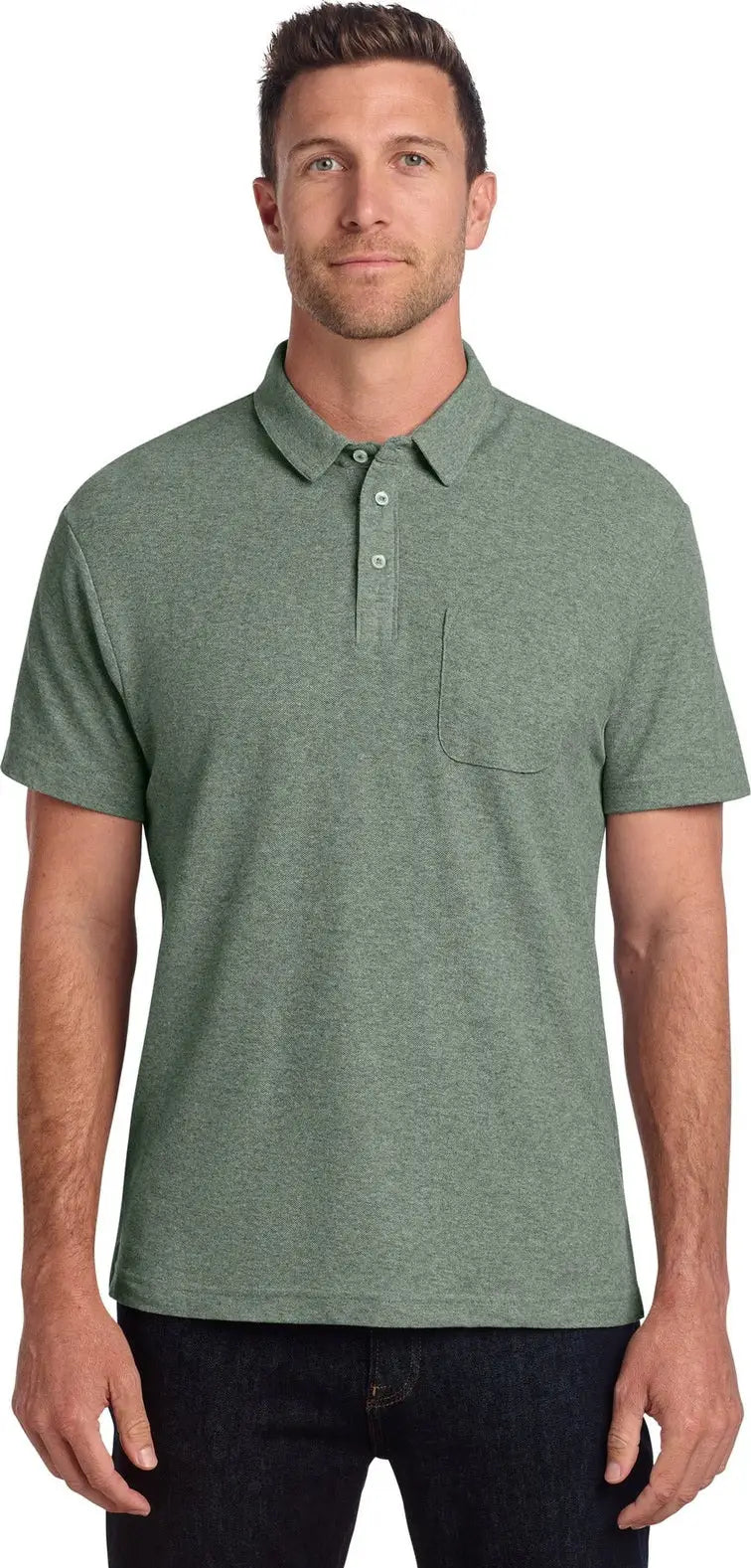 Port Authority K868 C-free Cotton Blend Pique Pocket Polo - Dark Green Heather - Adult Xs