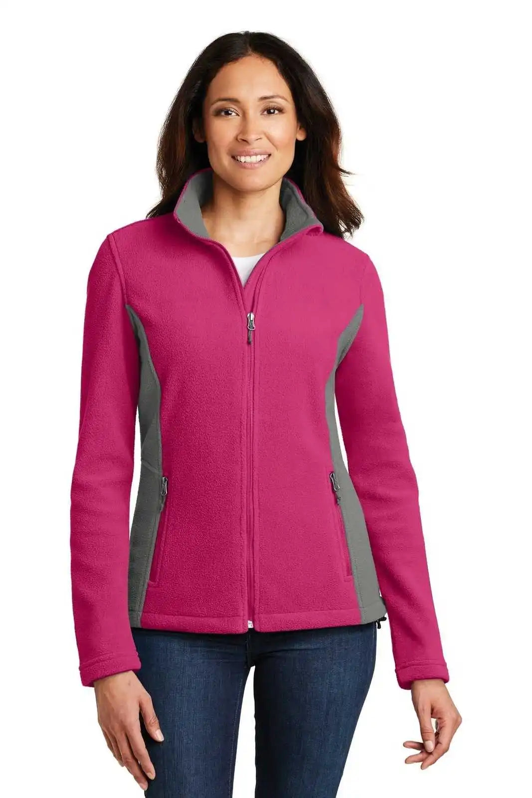Port Authority L216 Ladies Colorblock Value Fleece Jacket - Pink Azalea Deep Smoke