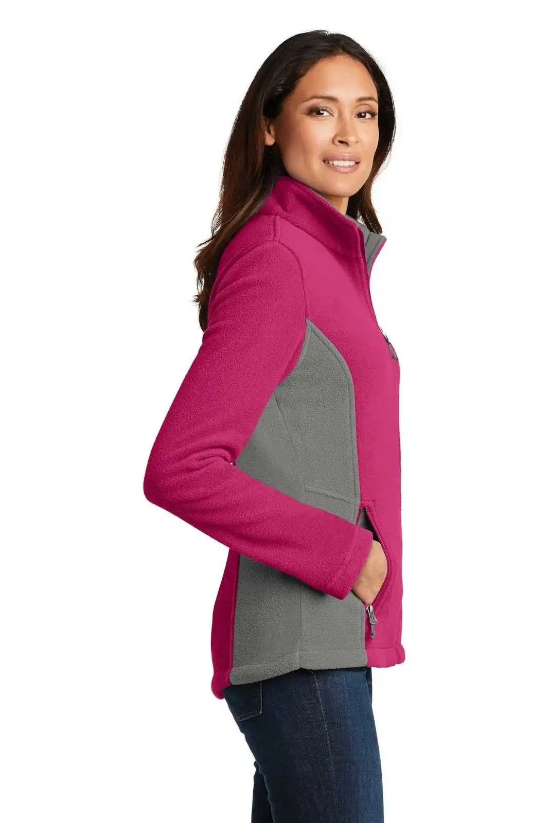 Port Authority L216 Ladies Colorblock Value Fleece Jacket - Pink Azalea Deep Smoke