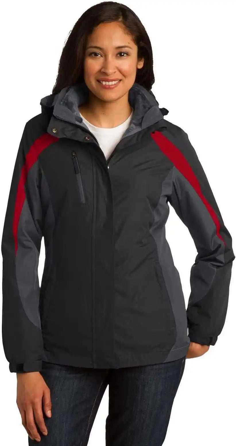 Port Authority L321 Ladies Colorblock 3-in-1 Jacket - Black Magnet Signal Red