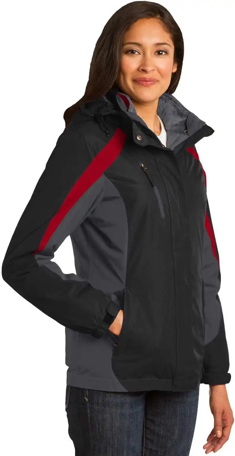 Port Authority L321 Ladies Colorblock 3-in-1 Jacket - Black Magnet Signal Red