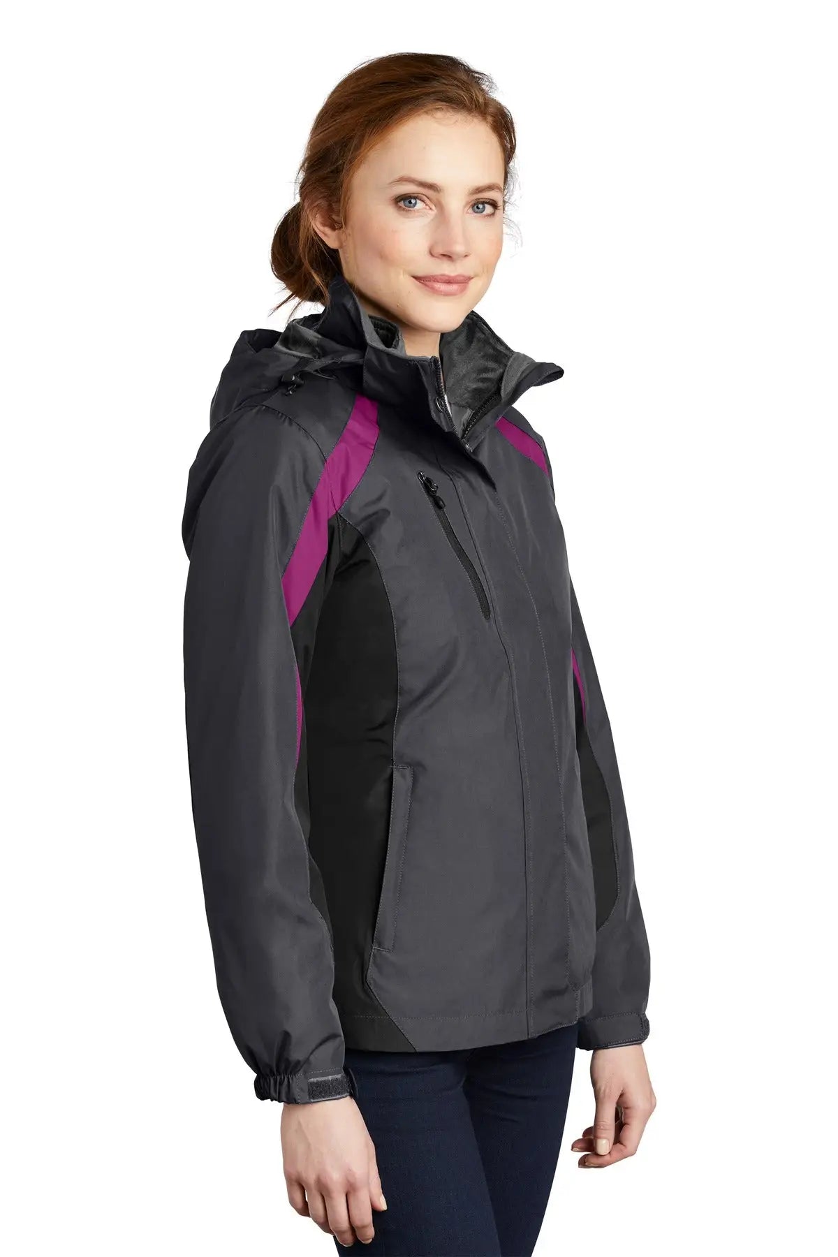 Port Authority L321 Women’s Colorblock 3-in-1 Jacket - Magnet Black Very Berry