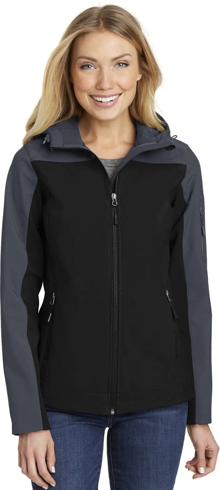 Port Authority L335 Women’s Hooded Core Soft Shell Jacket - Black Battleship Gray - Black/ / Ladies Xs