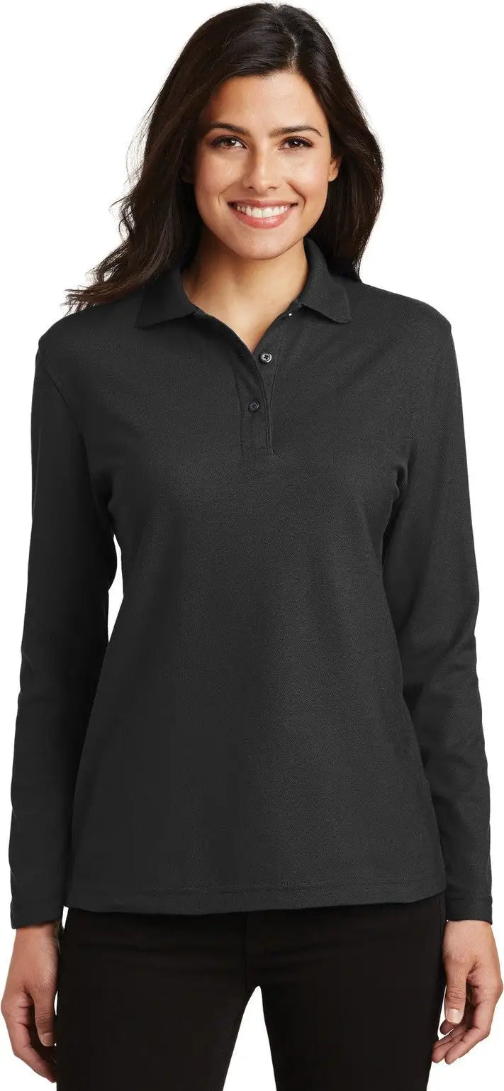 Port Authority L500ls Women’s Silk Touch Long Sleeve Polo - Black - Ladies Xs