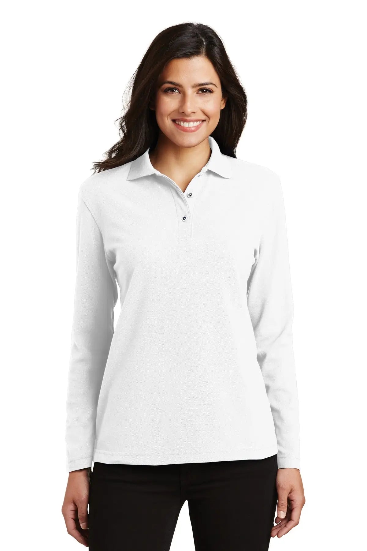 Port Authority L500ls Women’s Silk Touch Long Sleeve Polo - White - Ladies Xs