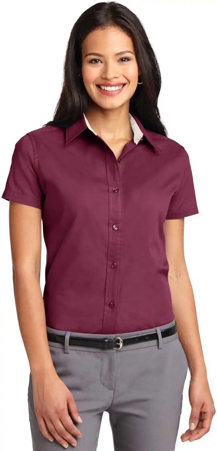Port Authority L508 Ladies Short Sleeve Easy Care Shirt Burgundy Light Stone