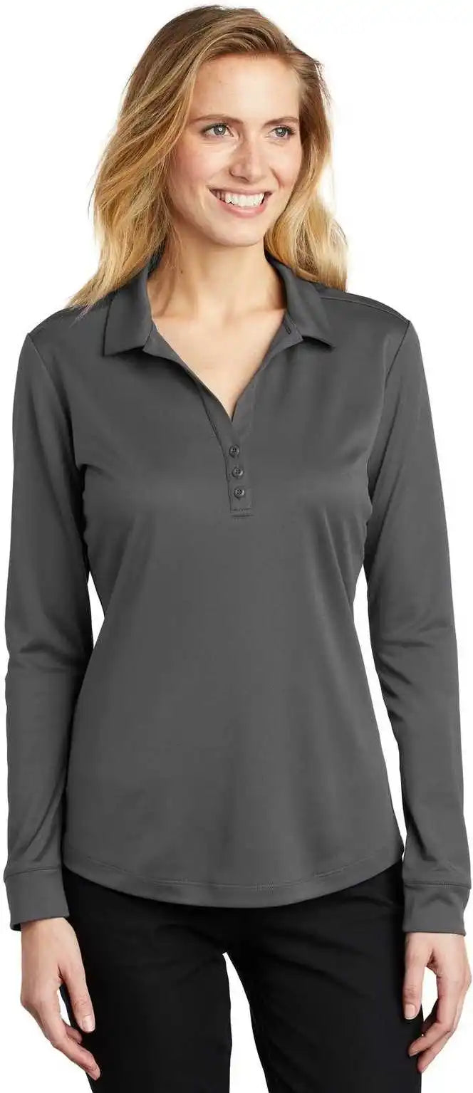 Port Authority L540ls Ladies Silk Touch Performance Long Sleeve Polo Steel Gray