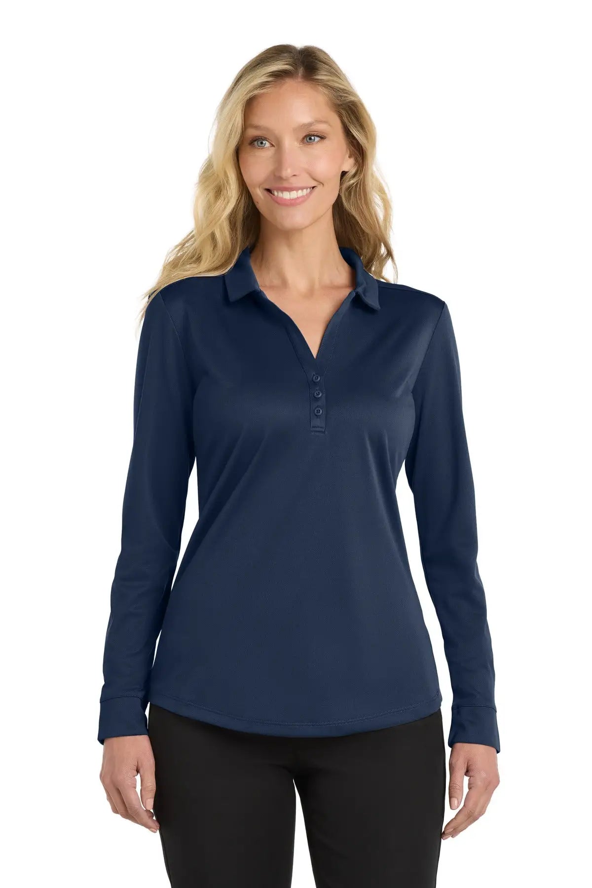 Port Authority L540ls Women’s Silk Touch Performance Long Sleeve Polo - Navy - Ladies Xs