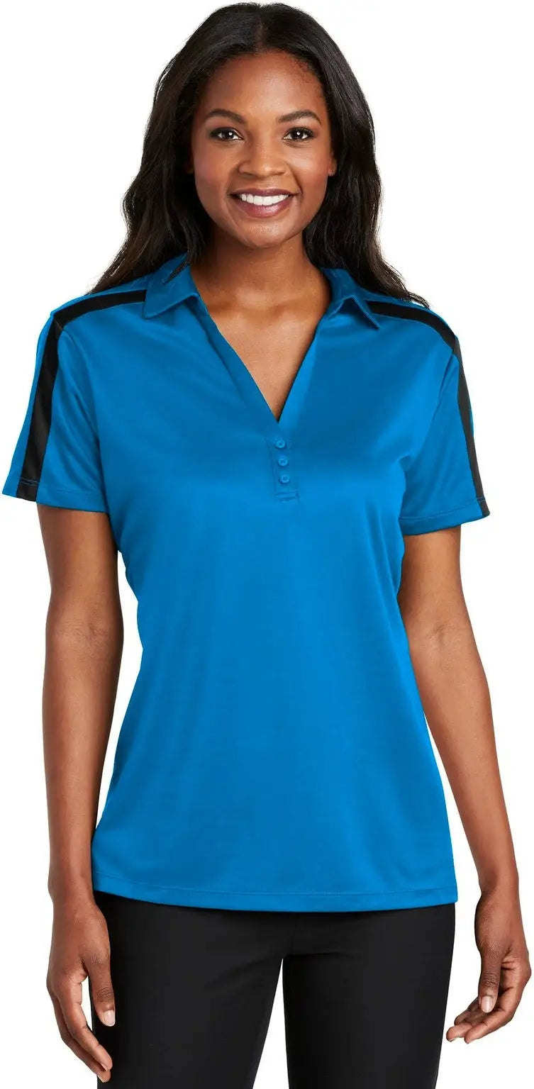 Port Authority L547 Women’s Silk Touch Performance Colorblock Stripe Polo - Brilliant Blue Black - Blue/ / Ladies Xs