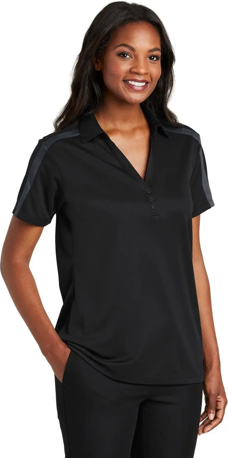 Port Authority L547 Women’s Silk Touch Performance Colorblock Stripe Polo - Black Steel Gray