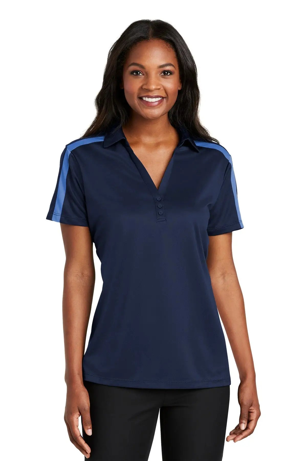 Port Authority L547 Women’s Silk Touch Performance Colorblock Stripe Polo - Navy Carolina Blue - Navy/ / Ladies Xs