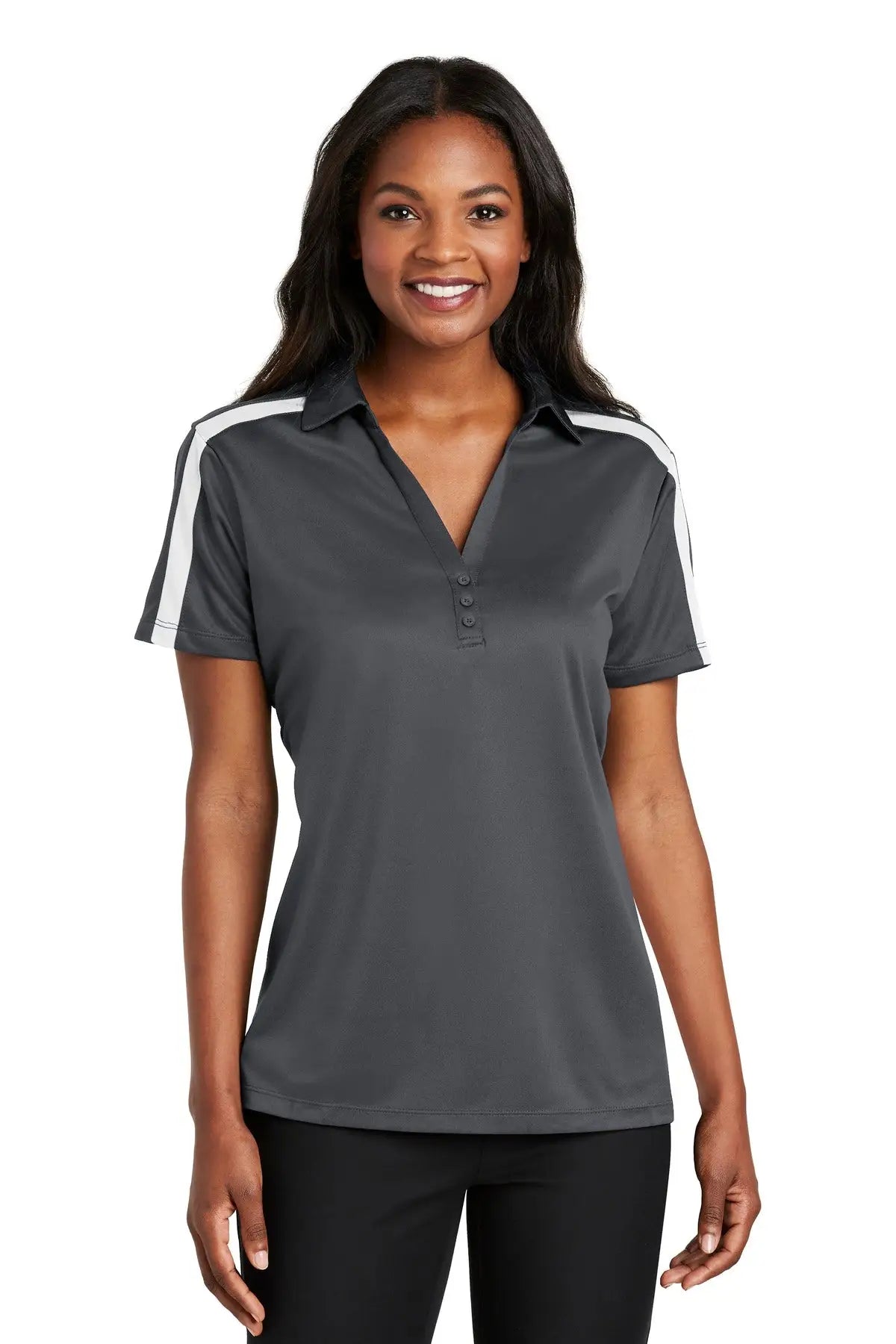 Port Authority L547 Women’s Silk Touch Performance Colorblock Stripe Polo - Steel Gray White - Gray/ / Ladies Xs