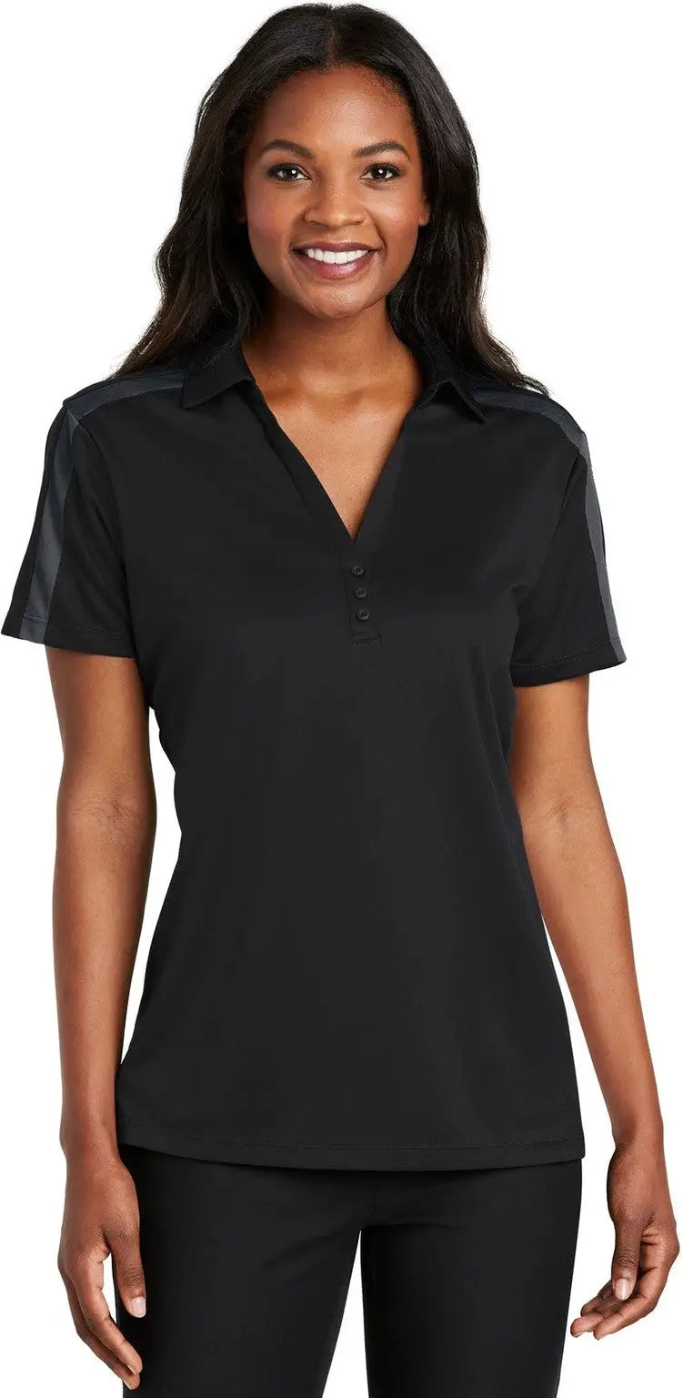 Port Authority L547 Women’s Silk Touch Performance Colorblock Stripe Polo - Black Steel Gray - Black/ / Ladies Xs