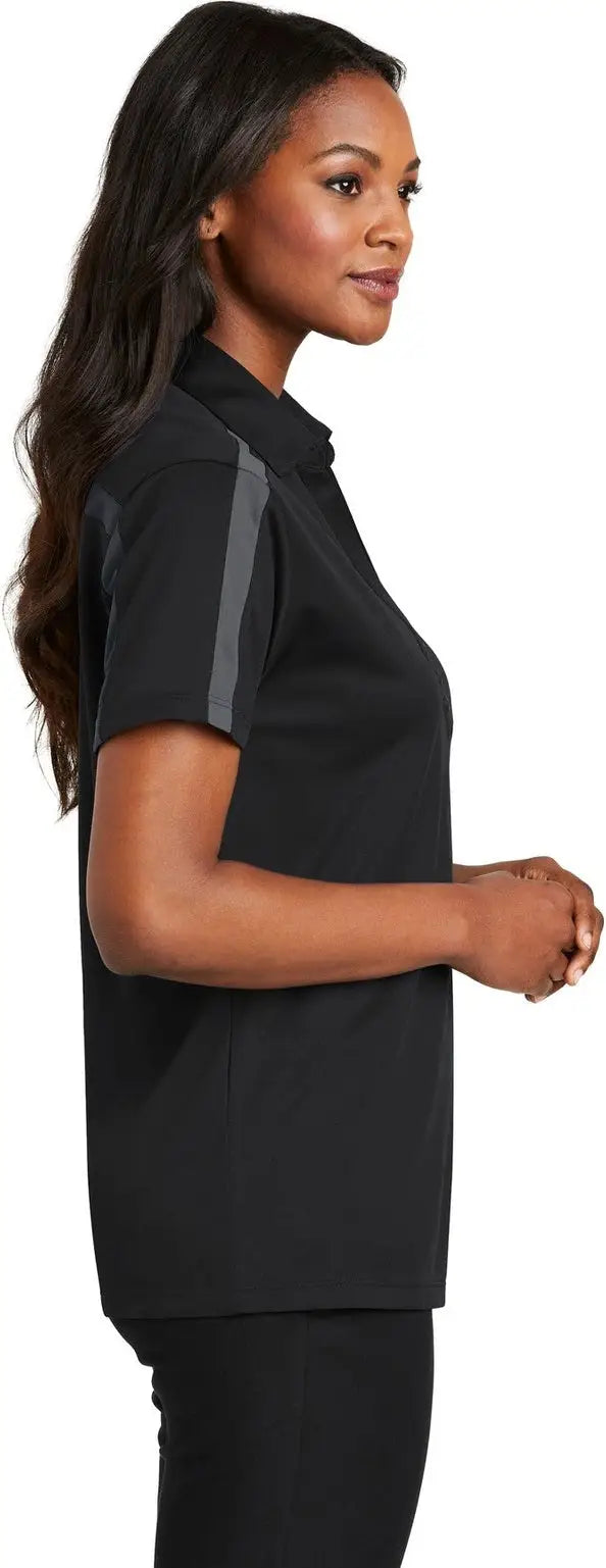 Port Authority L547 Women’s Silk Touch Performance Colorblock Stripe Polo - Black Steel Gray