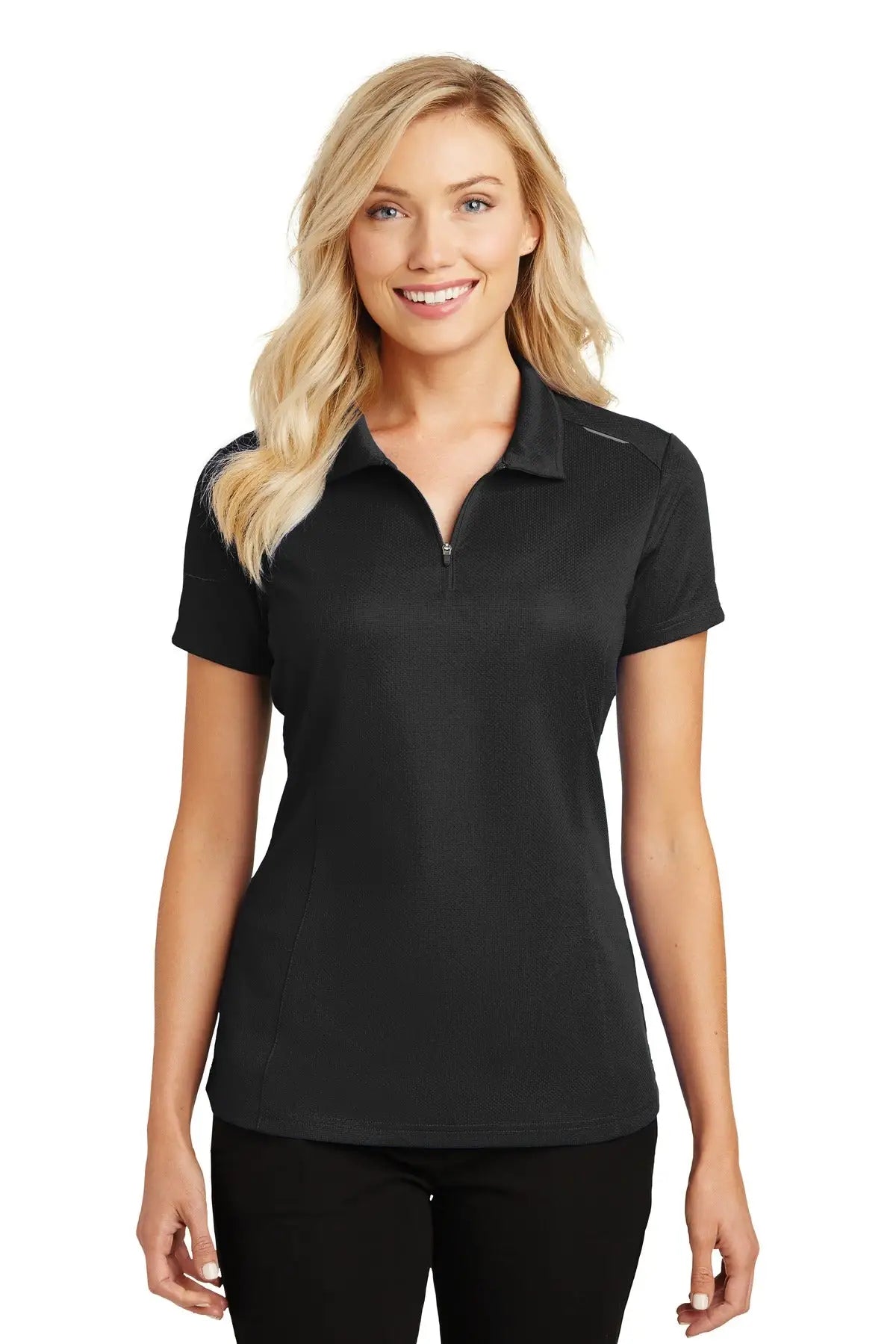 Port Authority L580 Women’s Pinpoint Mesh Zip Polo - Black - Ladies Xs