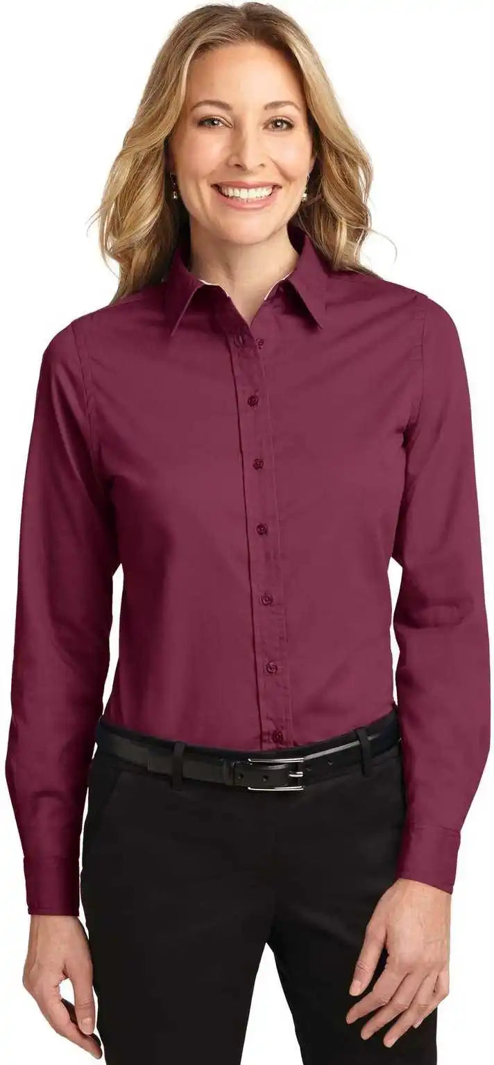 Port Authority L608 Ladies Long Sleeve Easy Care Shirt Burgundy Light Stone