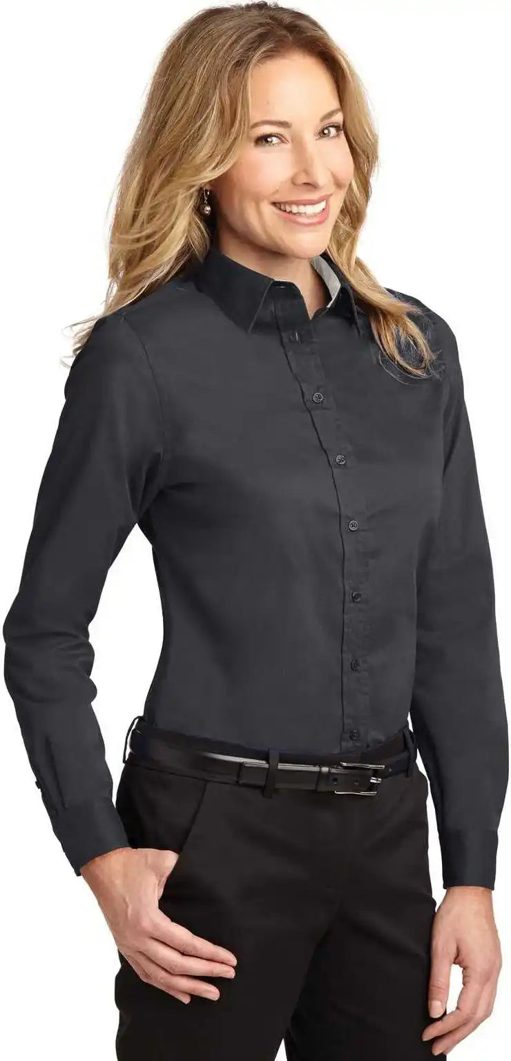 Port Authority L608 Ladies Long Sleeve Easy Care Shirt Classic Navy Light Stone