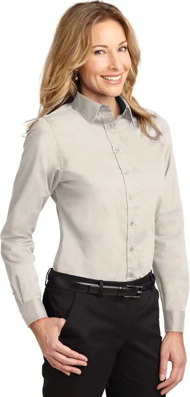 Port Authority L608 Ladies Long Sleeve Easy Care Shirt Light Stone Classic Navy