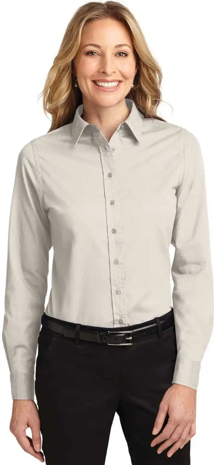 Port Authority L608 Ladies Long Sleeve Easy Care Shirt - Light Stone Classic Navy
