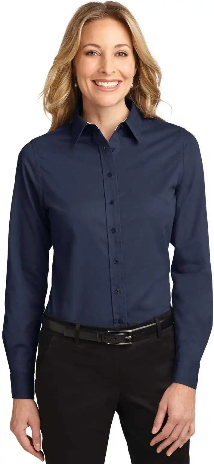 Port Authority L608 Ladies Long Sleeve Easy Care Shirt - Navy Light Stone