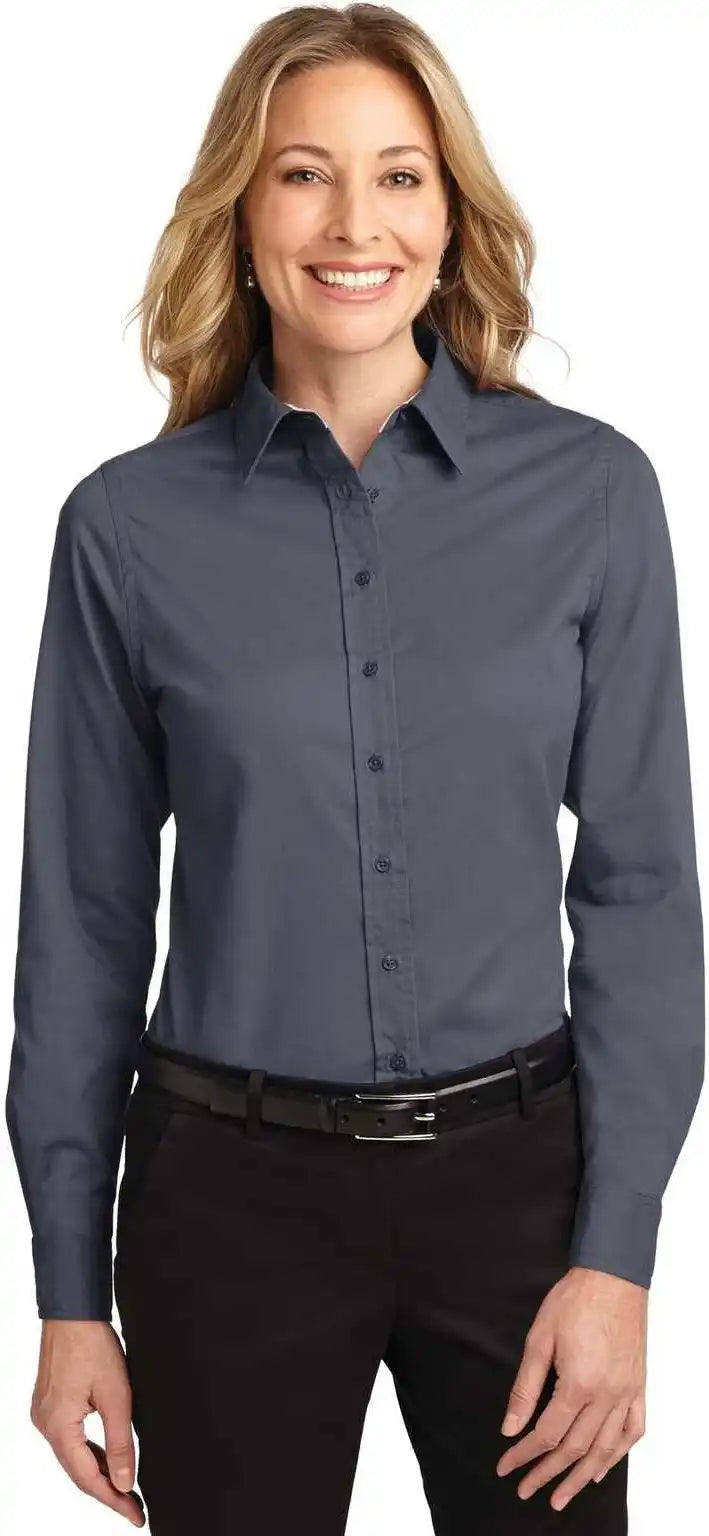 Port Authority L608 Ladies Long Sleeve Easy Care Shirt Steel Gray Light Stone