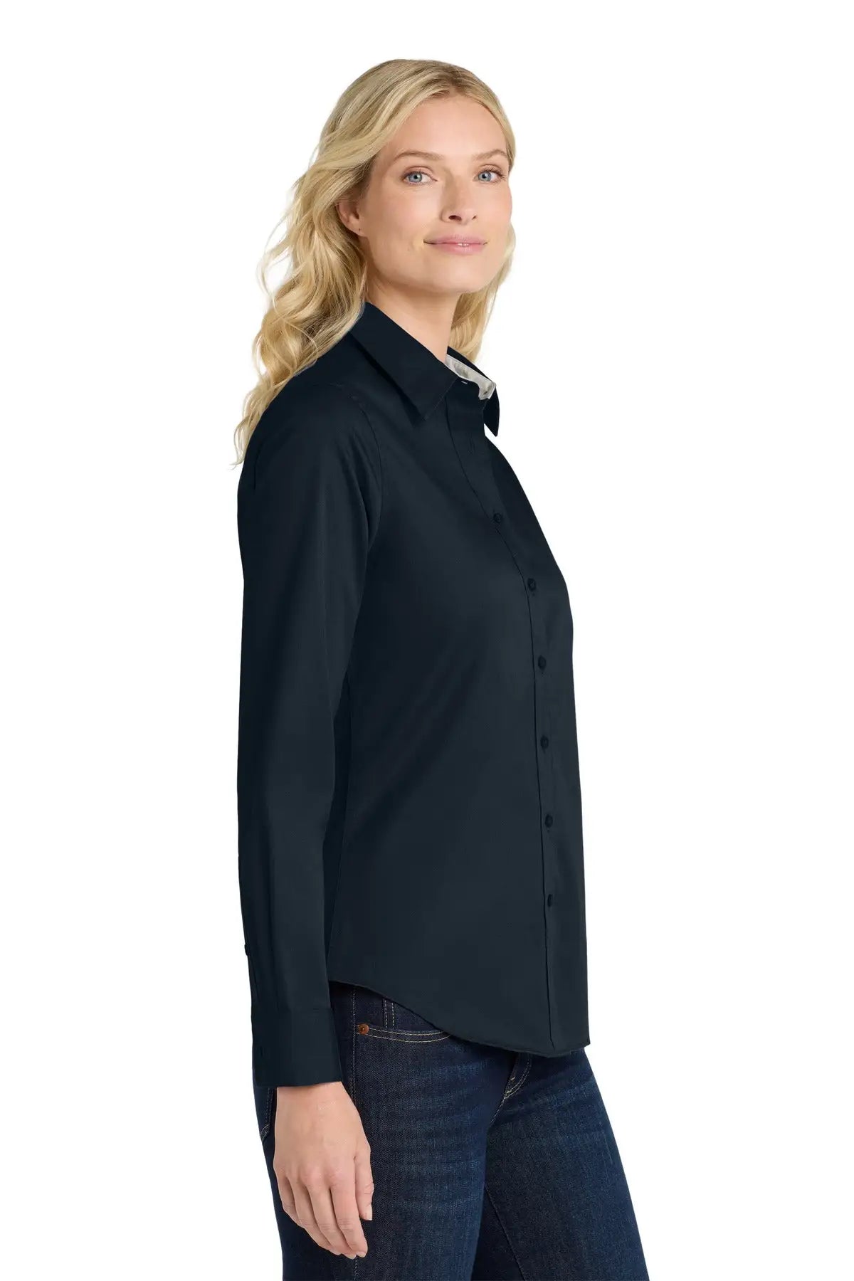 Port Authority L608 Women’s Long Sleeve Easy Care Shirt - Classic Navy Light Stone