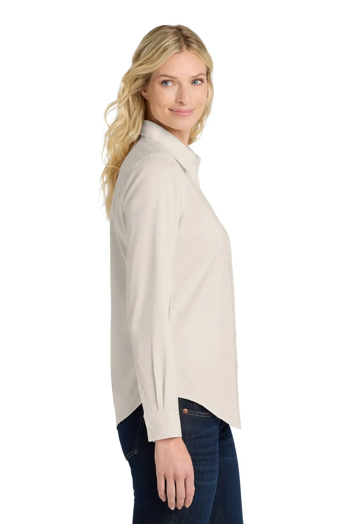 Port Authority L608 Women’s Long Sleeve Easy Care Shirt - Light Stone Classic Navy