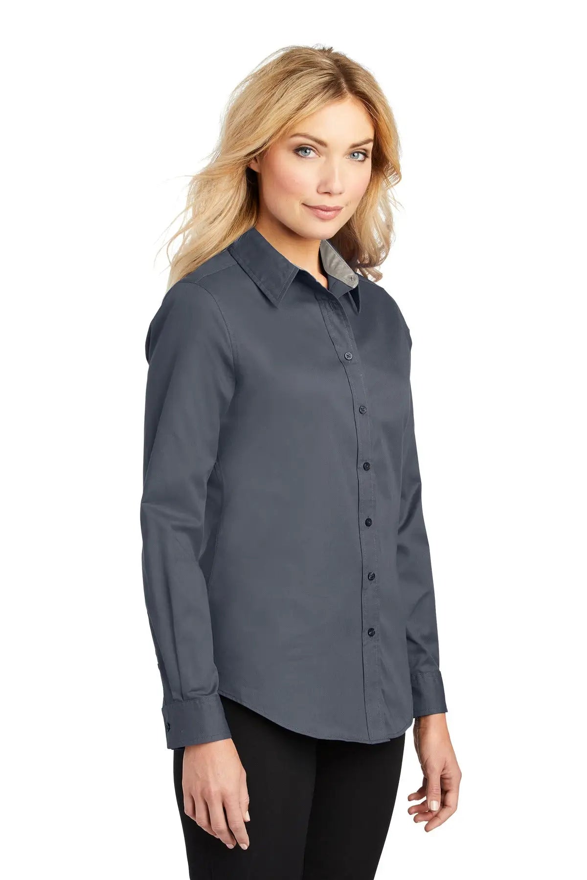Port Authority L608 Women’s Long Sleeve Easy Care Shirt - Steel Gray Light Stone