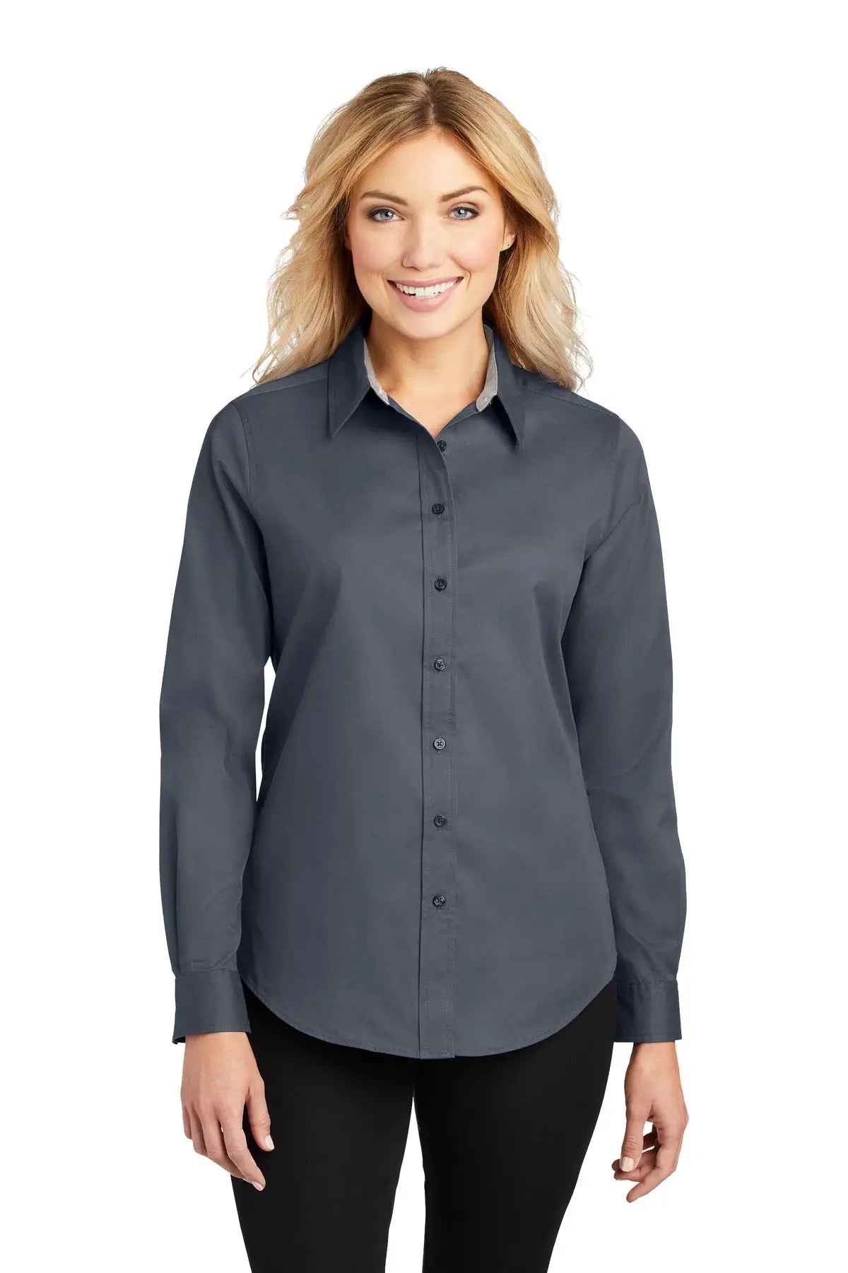 Port Authority L608 Women’s Long Sleeve Easy Care Shirt - Steel Gray Light Stone