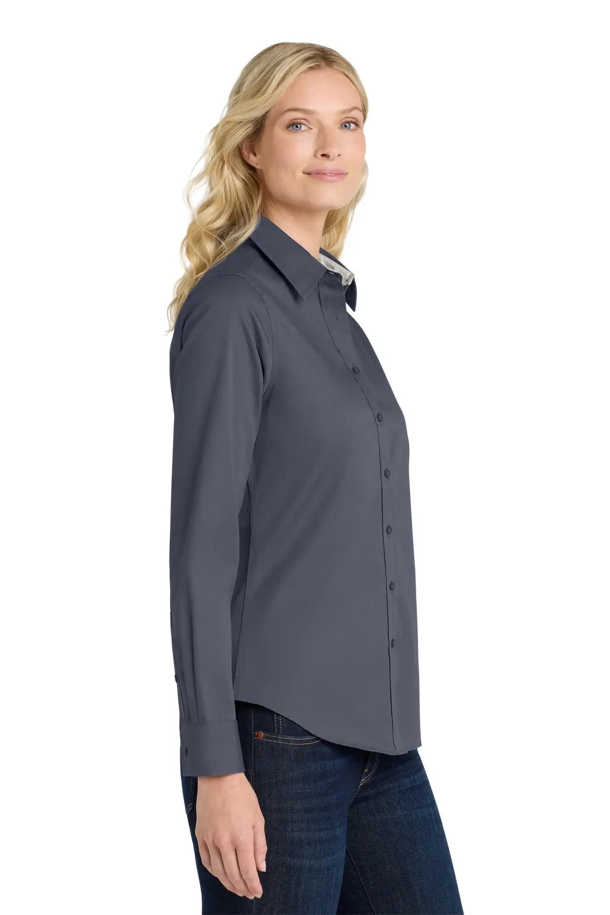 Port Authority L608 Women’s Long Sleeve Easy Care Shirt - Steel Gray Light Stone
