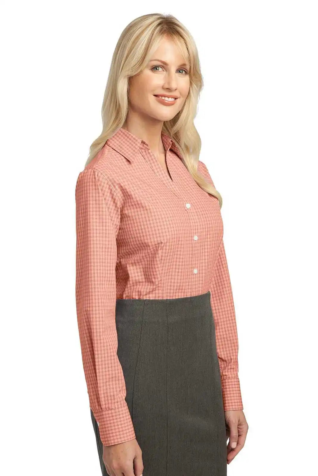 Port Authority L639 Ladies Plaid Pattern Easy Care Shirt - Orange